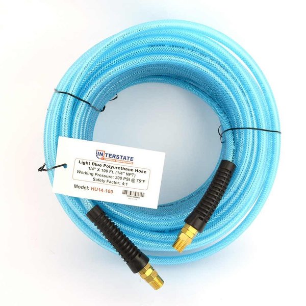 Interstate Pneumatics Light Blue Polyurethane Hose 1/4" x 100 feet 200 PSI w/Two 1/4" Reusable Solid hose end fittings HU14-100